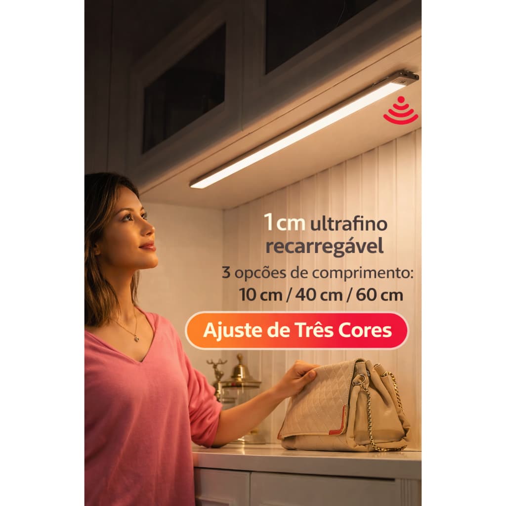 Luminária Led 3 Cores 10/40/60 cm Luz Noturna Sensor De Movimento USB Recarregável Closet Quarto