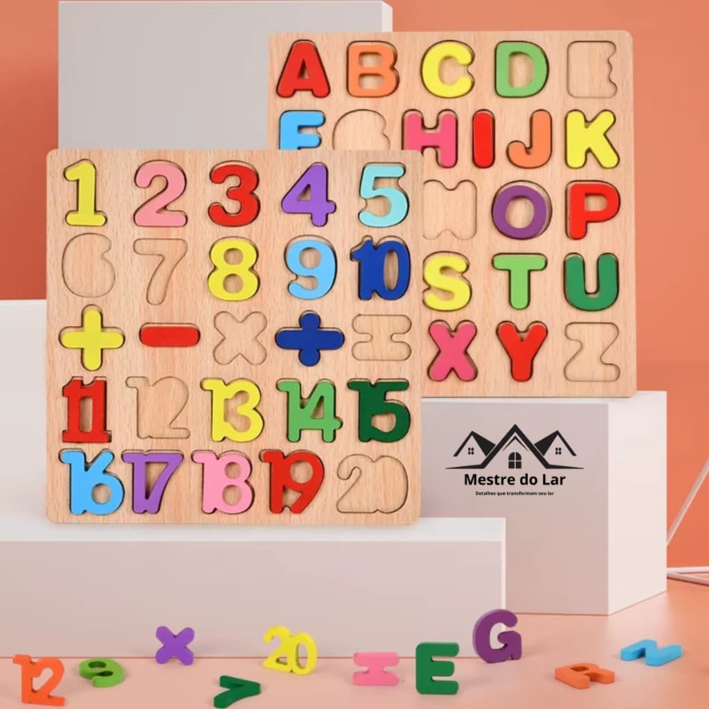 Tabuleiro Educativo Infantil de Madeira Letras Números Brinquedo Pedagógico Infantil