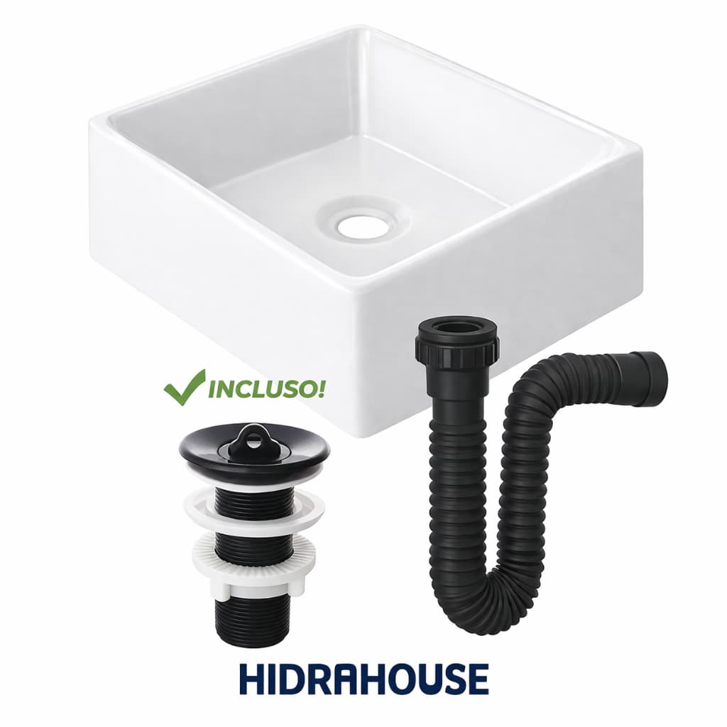 Cuba Pia de Apoio Quadrada  + Válvula + Sifão Kit Completo HidraHouse  Londres Luxo Banheiro