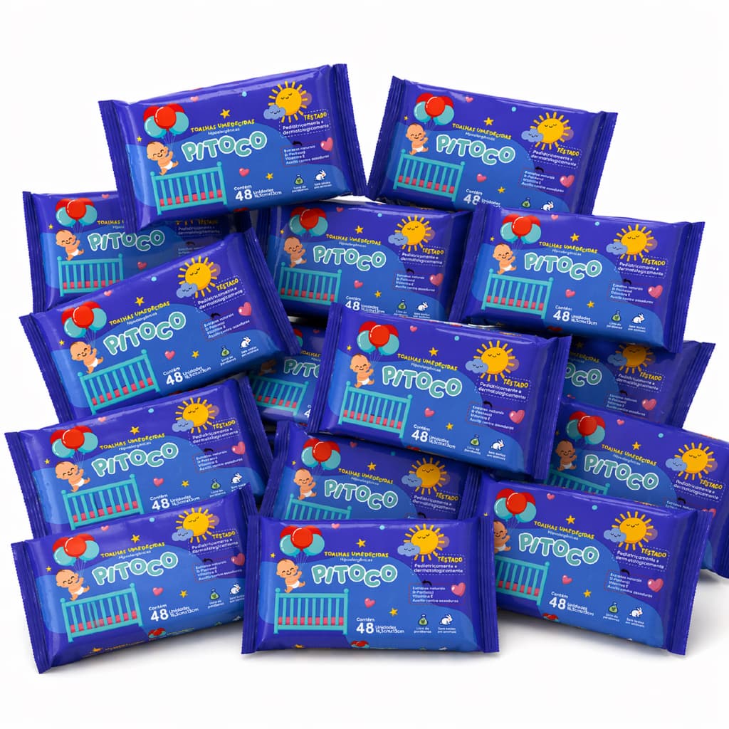 Kit com 15 Pacotes de Toalhas Umedecidas Pitoco - 48 Folhas - 98% Água - Vegano