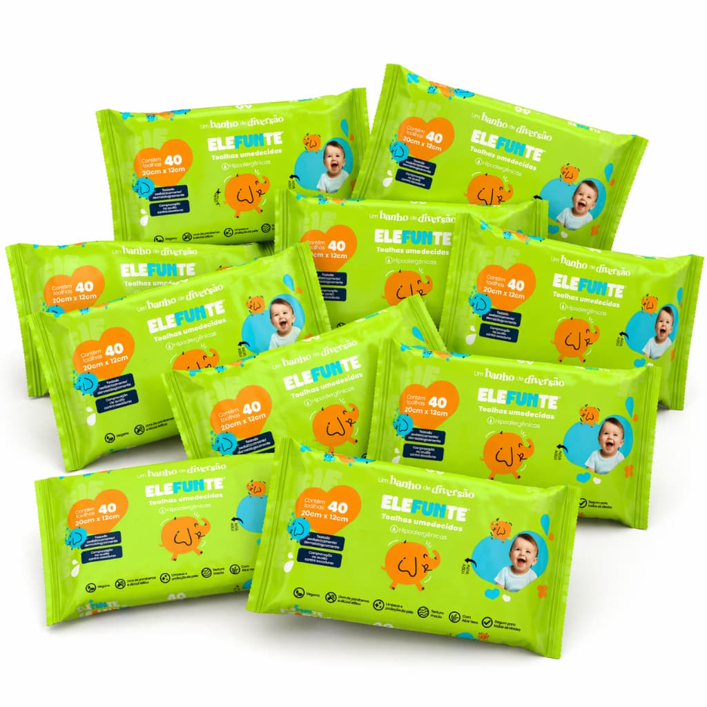 Lenço Umedecido Elefunte 40 Folhas Hipoalergênico Kit 10 Pacotes