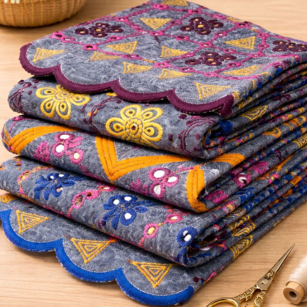 Kit 1kg Tecido jeans Bordado Cores Sortidas Selecionados para Confecção Artesanato Patchwork