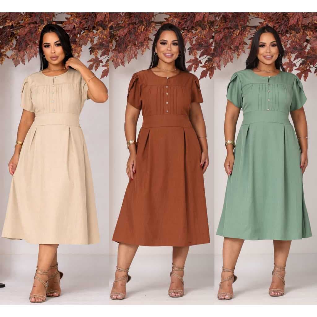Vestido midi feminino tecido luis twill manga tulipa laxtex forrado elegante casual G GG