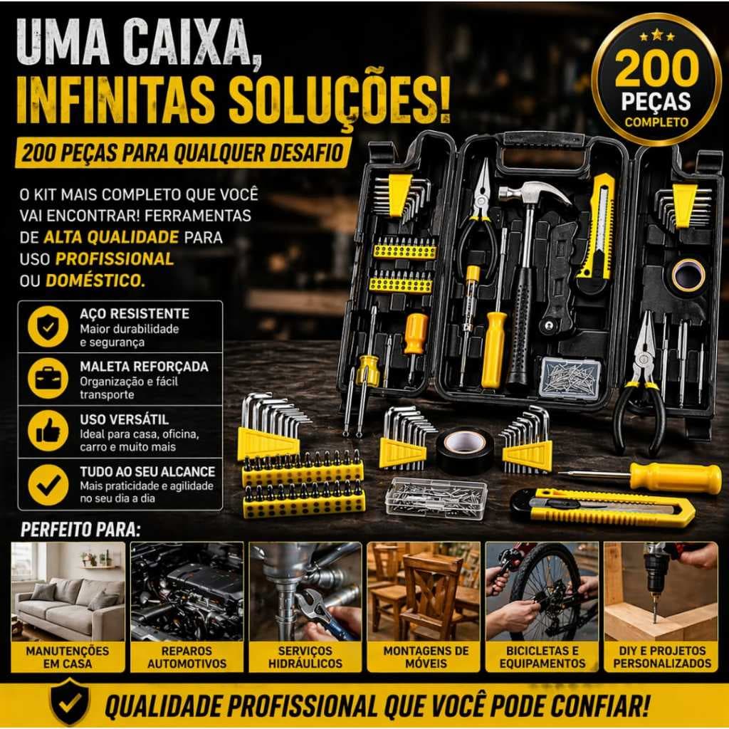 Kit Ferramentas 200 Peças Profissional Completo Maleta ToolMaster Pro™ Resistente