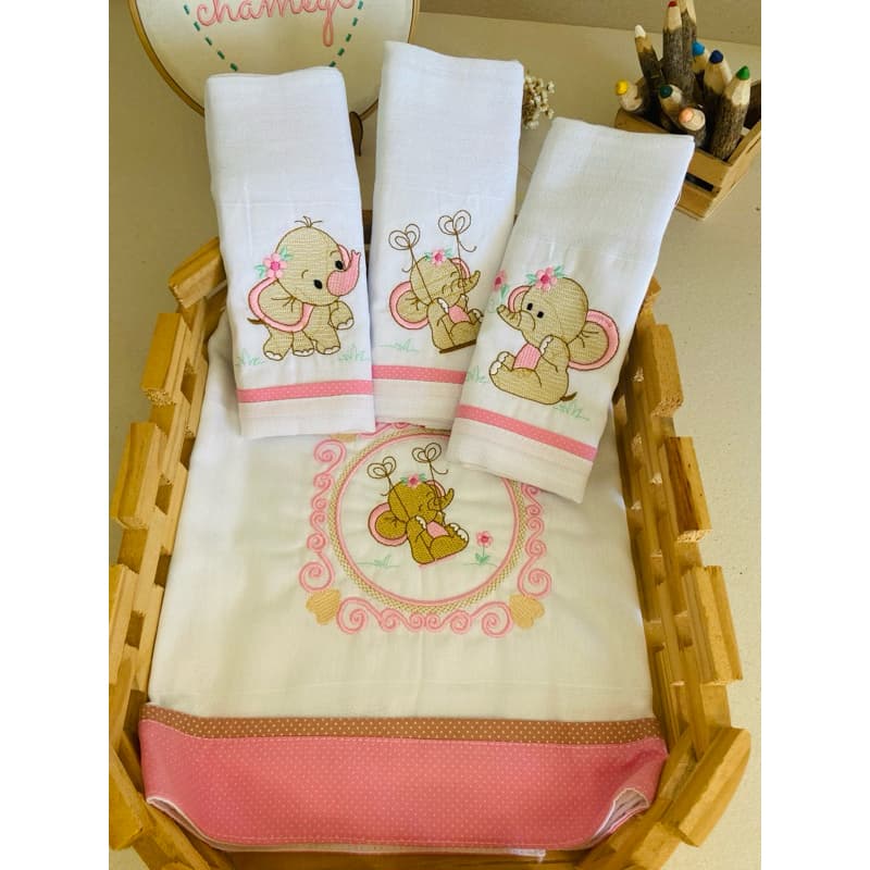 Kit Fralda Bebê Bordada Elefantinha Rosa 4 Peças 100% Algodão Enxoval Recém-Nascido