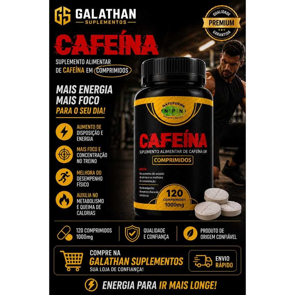 Cafeína  1000mg  120 COMPRIMIDOS  Pré Treino Energia Foco Suplemento