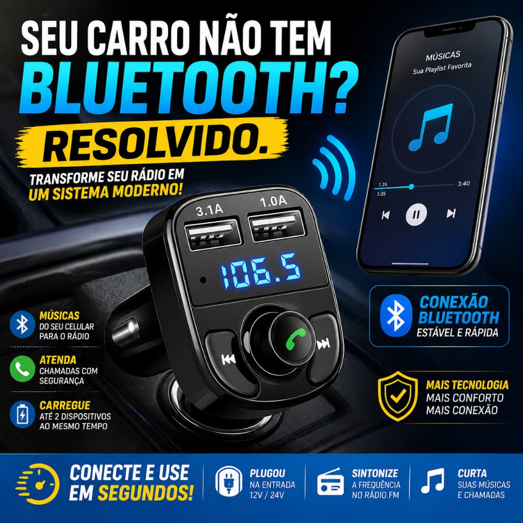 Adaptador Bluetooth Carro Transmissor FM Carregador Veicular Compatível com Android e iPhone