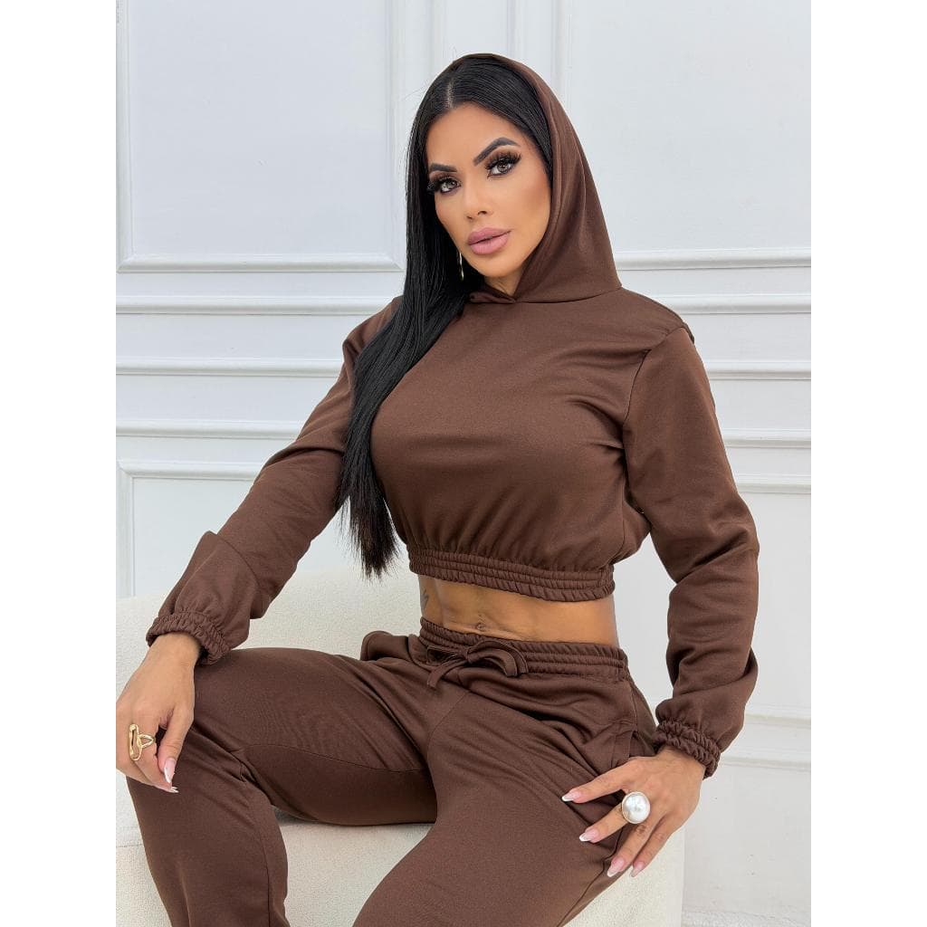 conjunto femenino moleton con capuz calça e  bluza croppet con capuz