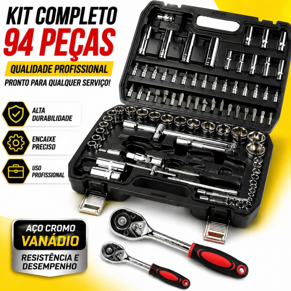 Jogo Chaves Catraca Soquete Kit 94 Pçs Reversível Profissional Completo 1/2 1/4 + Maleta Resistente