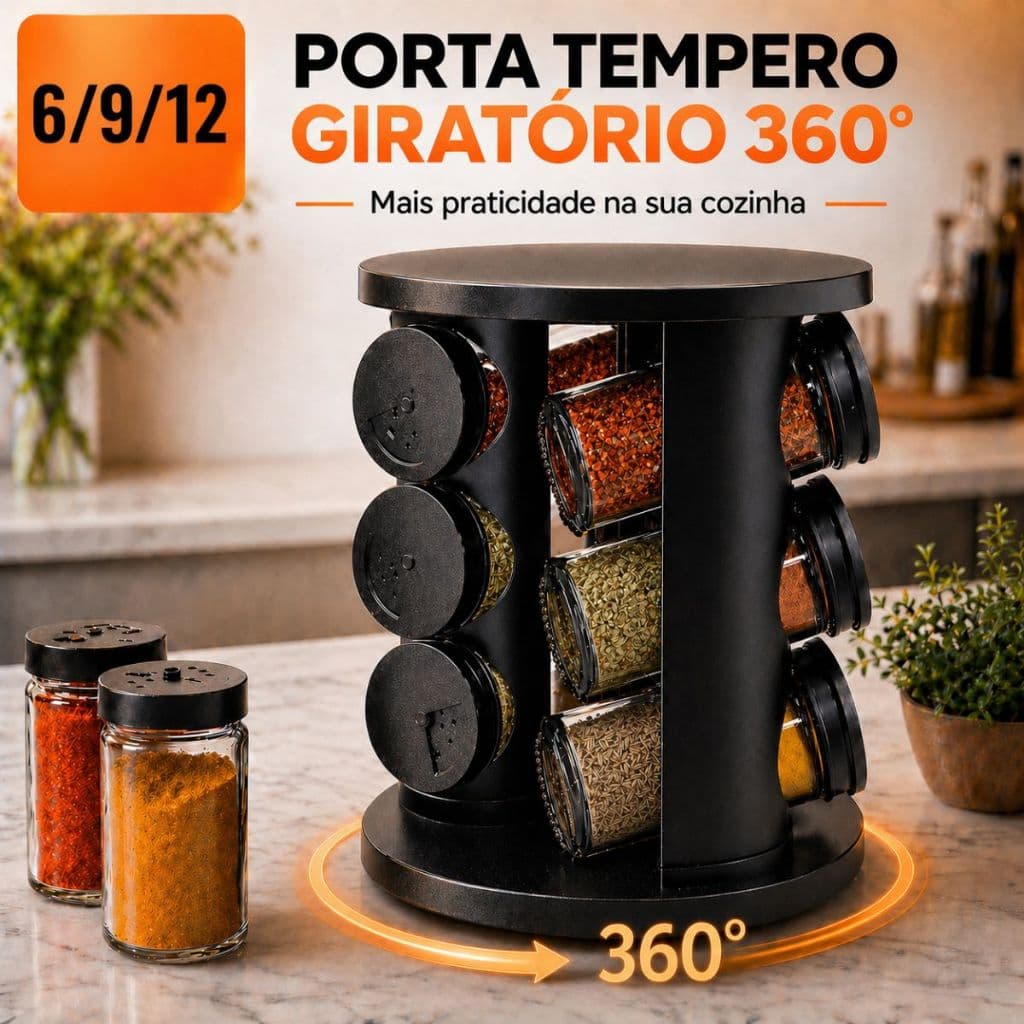 Porta Temperos Giratório Profissional 6, 9 e 12 Potes de Vidro com Tampa Dosadora Condimentos