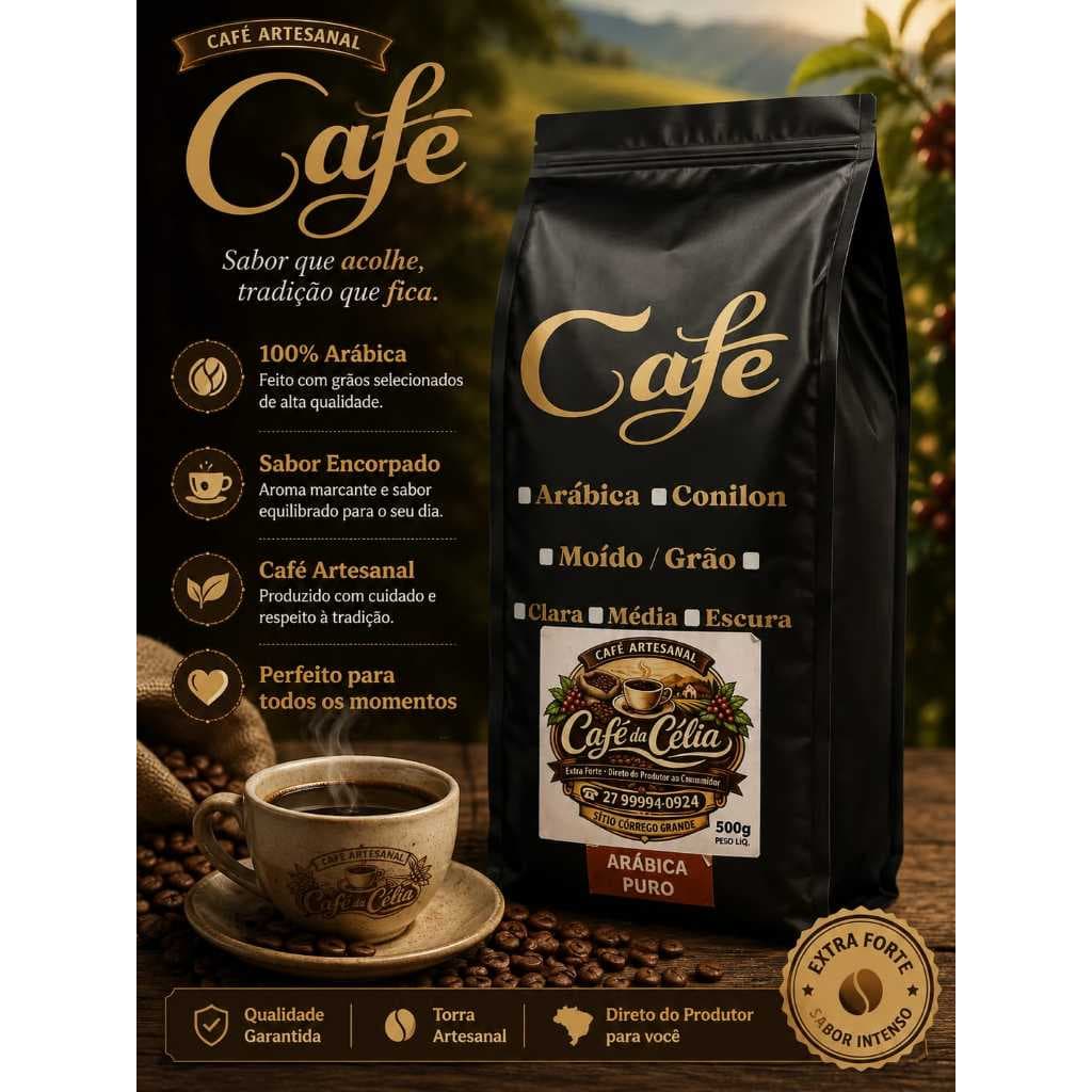 Café Artesanal 100% Arábica em Grãos - Café da Célia 500g - Sabor Intenso