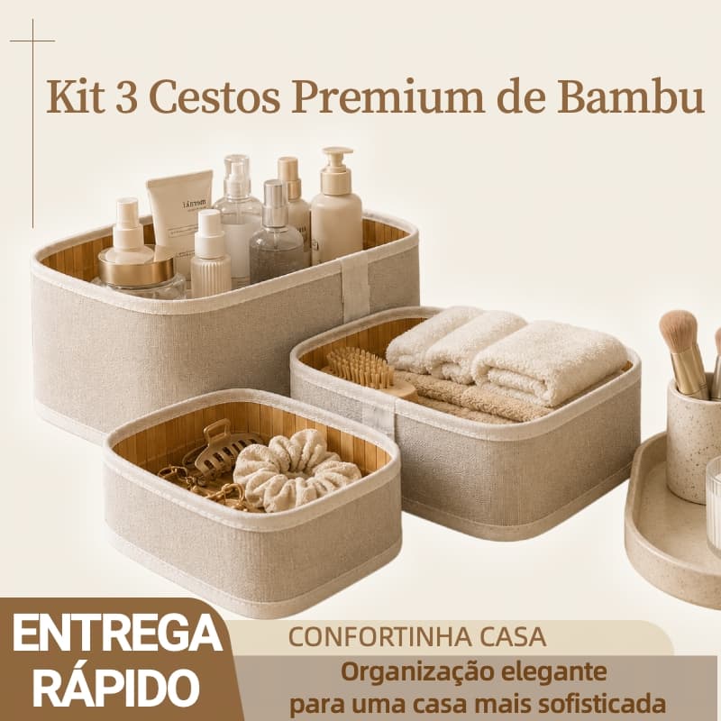 Kit 3 Cestos Organizadores de Bambu Premium Multiuso Para Quarto Banheiro Escritório