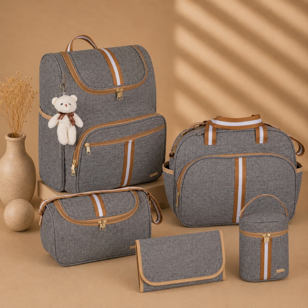 Kit Bolsa Maternidade 5 Peças com Mochila 2 em 1 e Porta Mamadeira Térmico AMOR