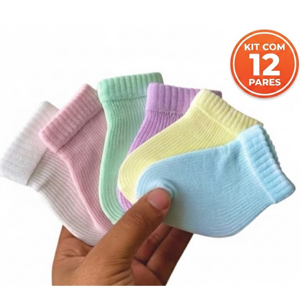 Kit 12 Pares de Meias Bebê RN Recem Nascido Essencial p/ Enxoval e Saída Maternidade 0  -9 meses