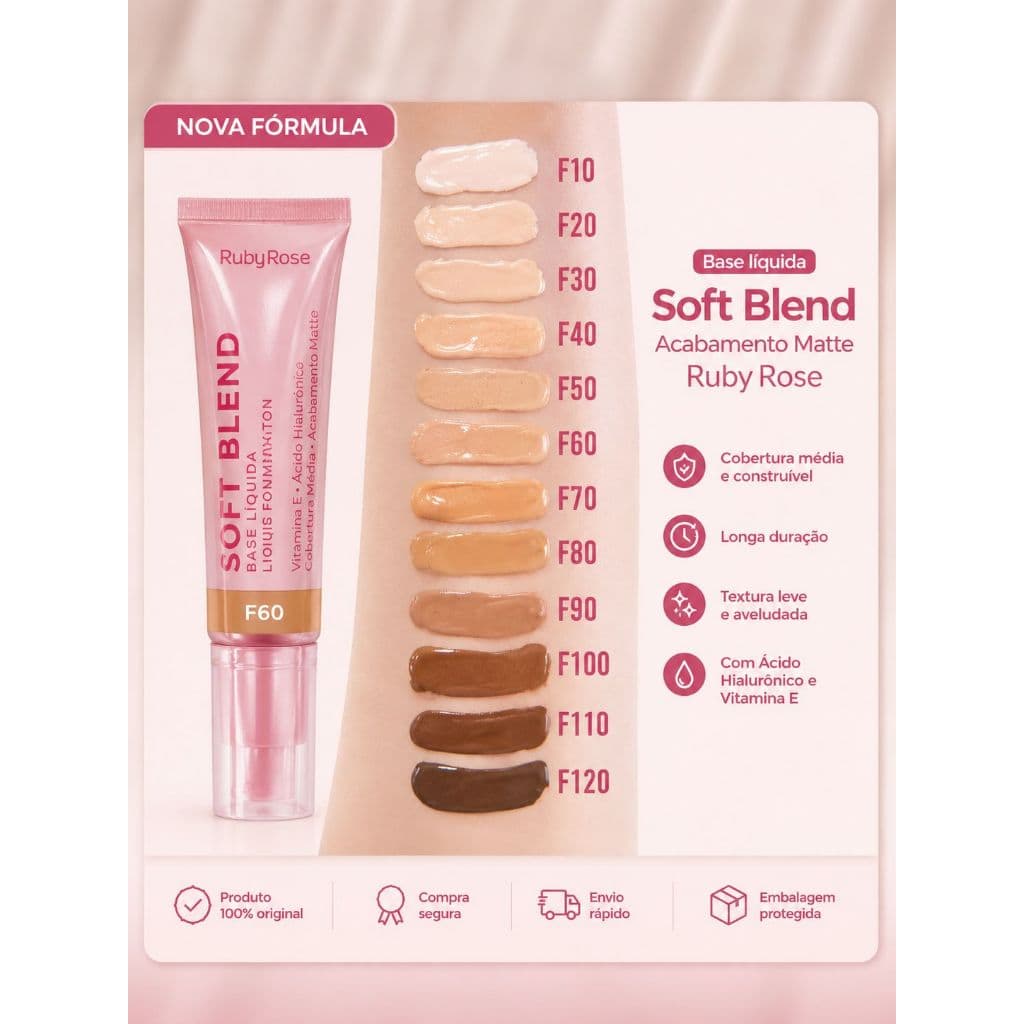 Base Líquida Ruby Rose Soft Blend com Acabamento Matte 30g