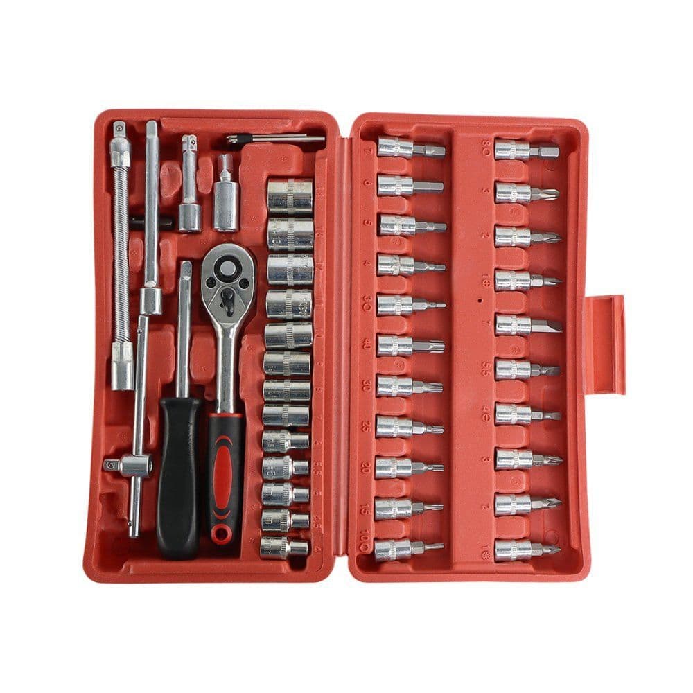Kit Jogo de Chaves 46 Peças c/ Maleta Organizadora Conjunto Completo de Ferramentas c/ Catraca Soquetes e Bits p/ Reparo