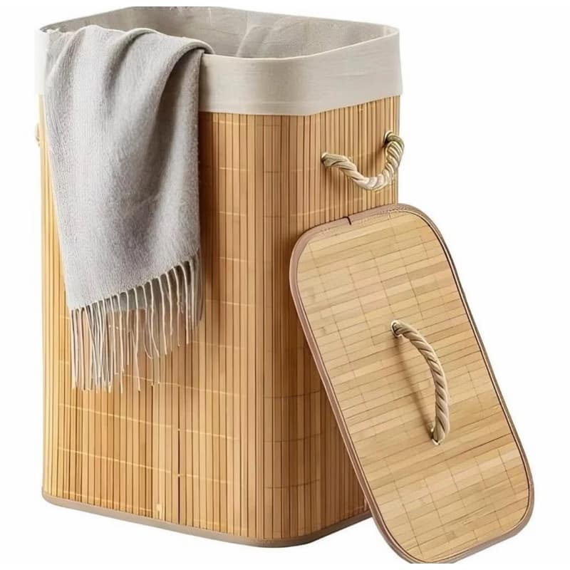 Cesto de Roupa Suja Retangular com Tampa Bambu 70 Litros Organizador Multiuso Para Lavanderia, Quartos e Banheiro