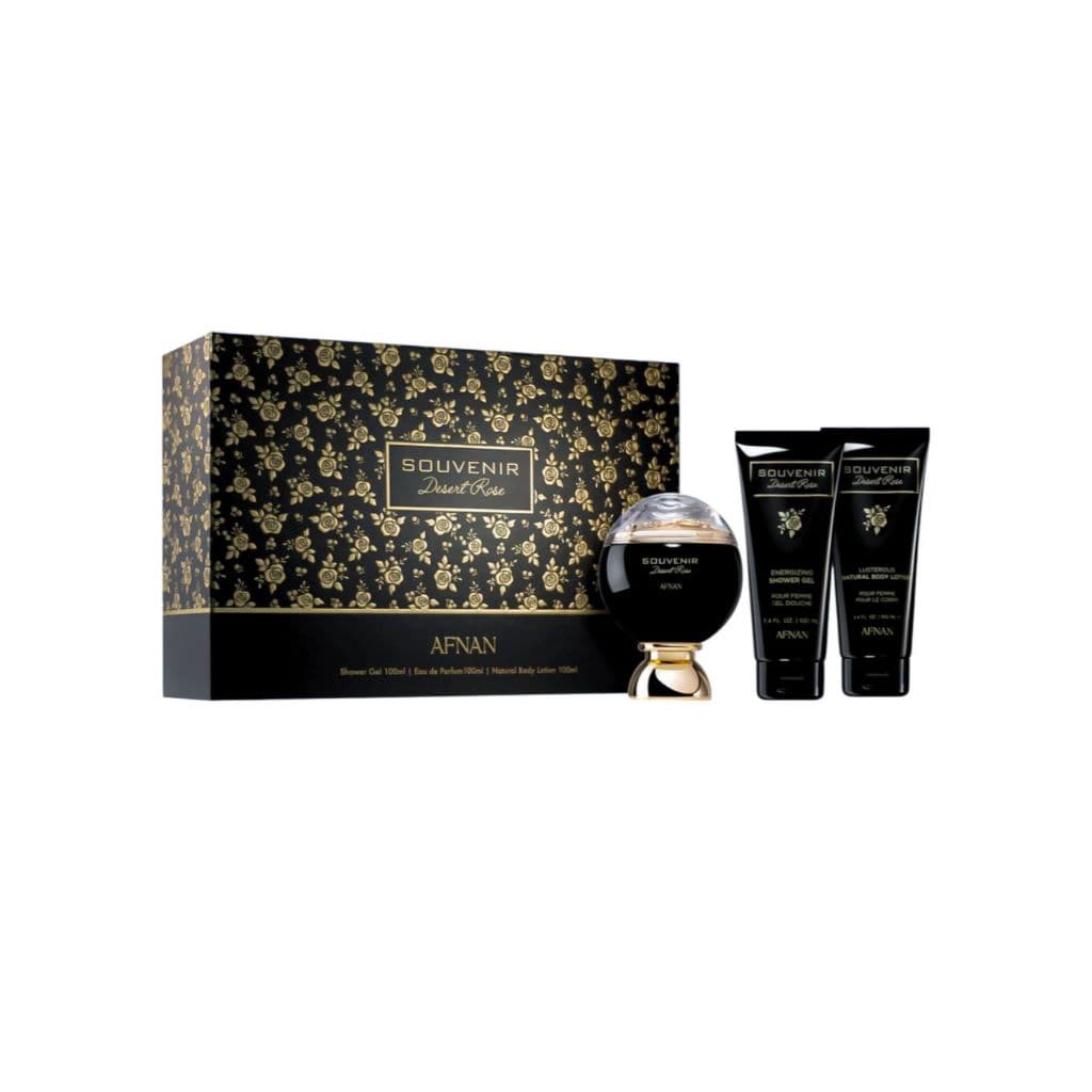 Kit Afnan Souvenir Desert Rose Perfume 100ml + Body Lotion + Shower Gel Feminino Original Importado