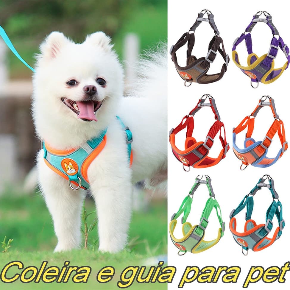 Coleira Peitoral Cachorro Gato Com Guia Pequenos E Médios Tipo Colete Para Pet Caes Colete Ajustável