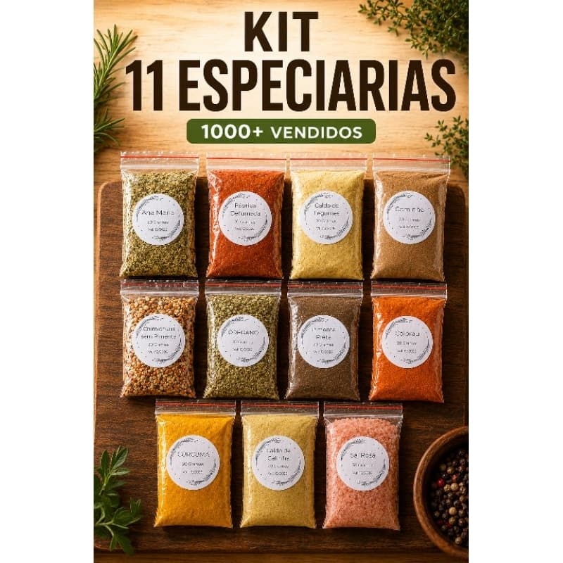 Kit 1 de Temperos Premium com 10 itens (sendo um total de 190 gramas)  e leva de Brinde 1 pacotinho de Sal Rosa