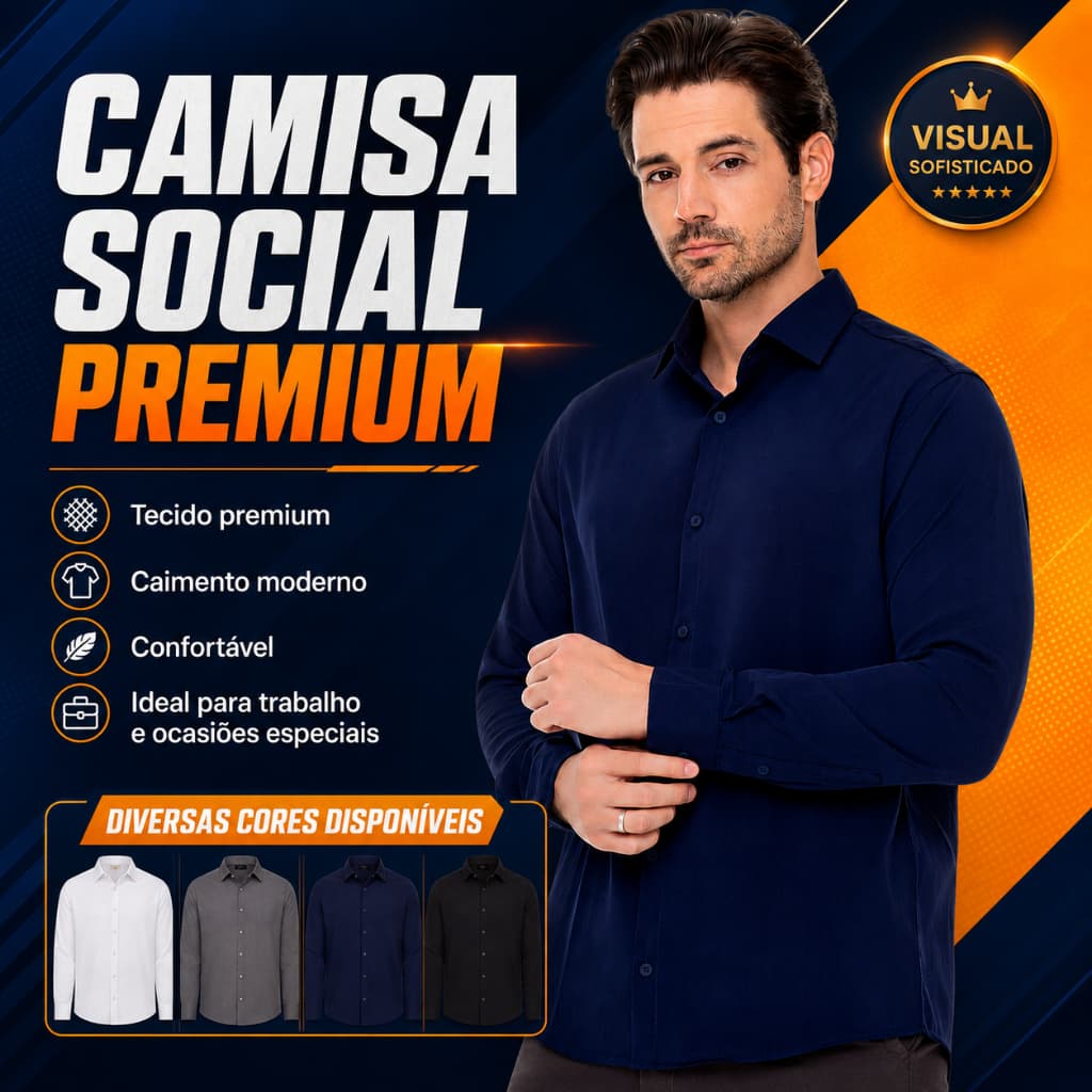 Camisa Social Masculina Manga Longa Slim Elegante Casual Trabalho Confortável Premium Passa Fácil