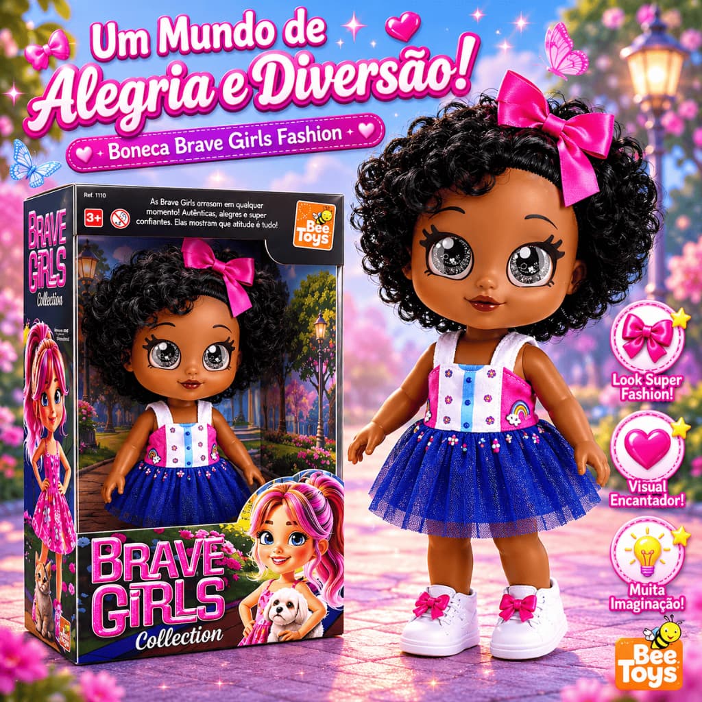 Boneca Negra Brave Girls Fashion em Vinil Articulada Lançamento Bee toys