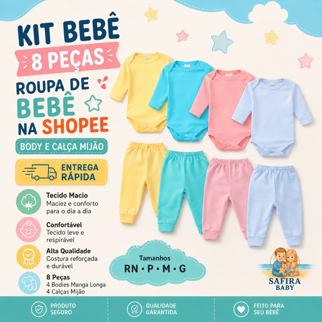 Kit Bebê 8 Peças Body Manga Longa e Mijão RN P M G Enxoval Recém-Nascido