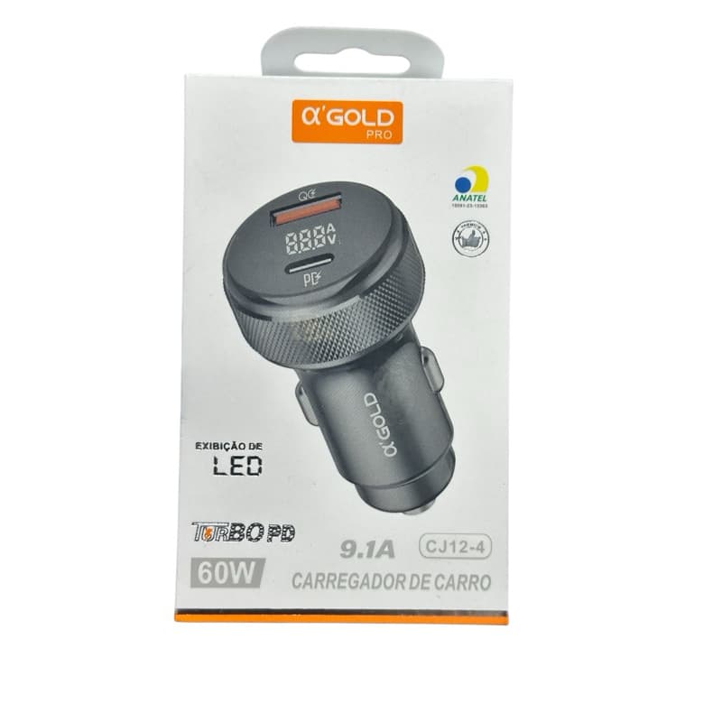 Fonte Carregador Veicular Agold Premium Turbo PD QC 60w 4.0 2x USB-C Type-C