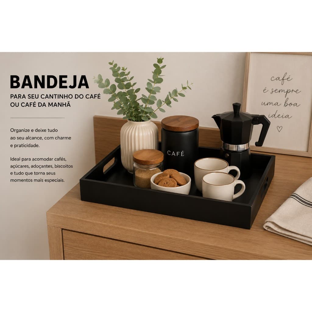 Bandeja Decorativa Preta Multiuso para Café da Manhã, Cantinho do Café e Organizador Luxo
