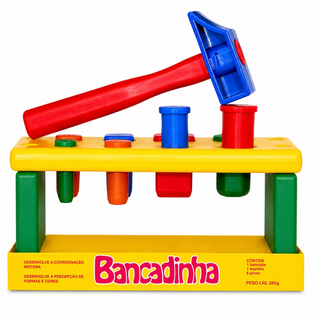 Brinquedo Bancadinha com Martelo e Pinos Geométricos Educativo, Criativo e Interativo para Crianças