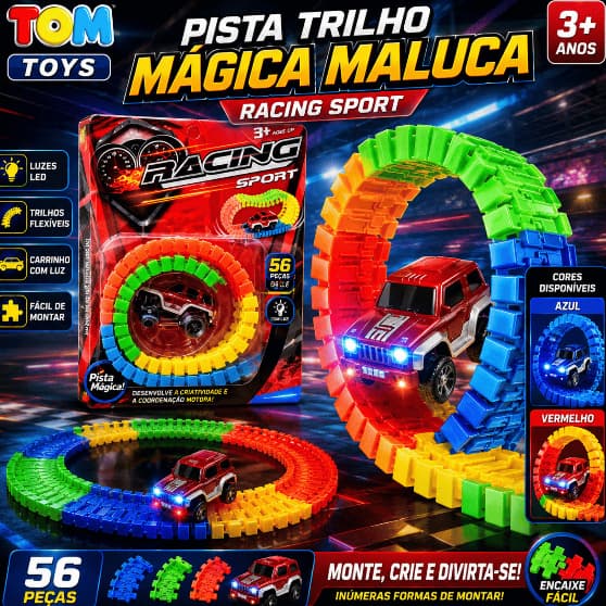 Pista Trilho Mágica Maluca Monte 56 Peças Carrinho Com Luz - Racing Sport