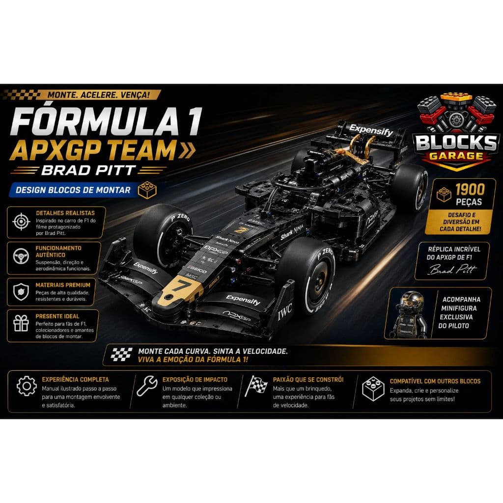 Blocos de Montar Lego Formula 1 APXGP Team Brad Pitt 1900Pçs  Com Manual de Montagem  **SEM CAIXA(BOX)**