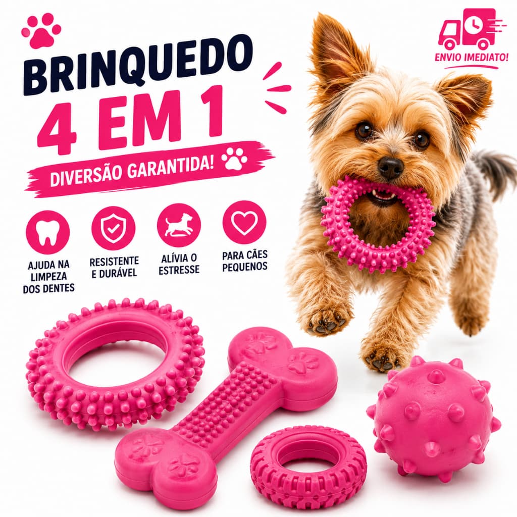 Kit Brinquedos Completo para Cachorro 4 peças – Bola Osso Mordedor Argola Pet Resistente Interativo