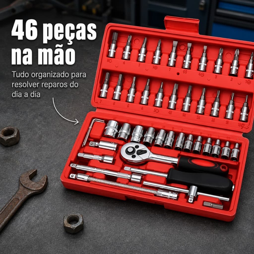 Caixa Ferramentas Kit 46 Peças Mecânico Jogo Profissional Completo Mala Vermelho Premium