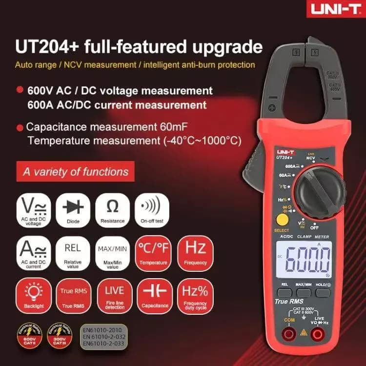 UNI-T UT204 + UT203 + Digital AC DC Alicate Medidor Multímetro True RMS 400-600A Teste De Resistência De Voltímetro De A