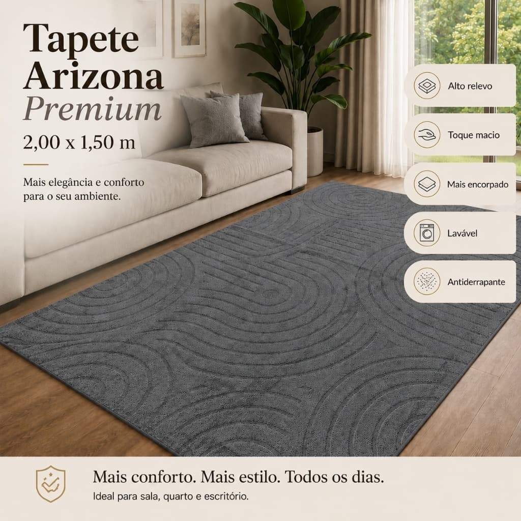 Tapete Sala 2,00x1,50 Alto Relevo Moderno Premium Macio Antiderrapante Quarto Decorativo Cinza