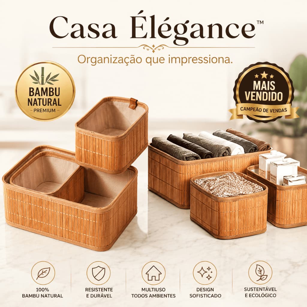 Conjunto Cestos Organizadores Bambu Natural Multiuso Ambiente Cozinha Sala Banheiro
