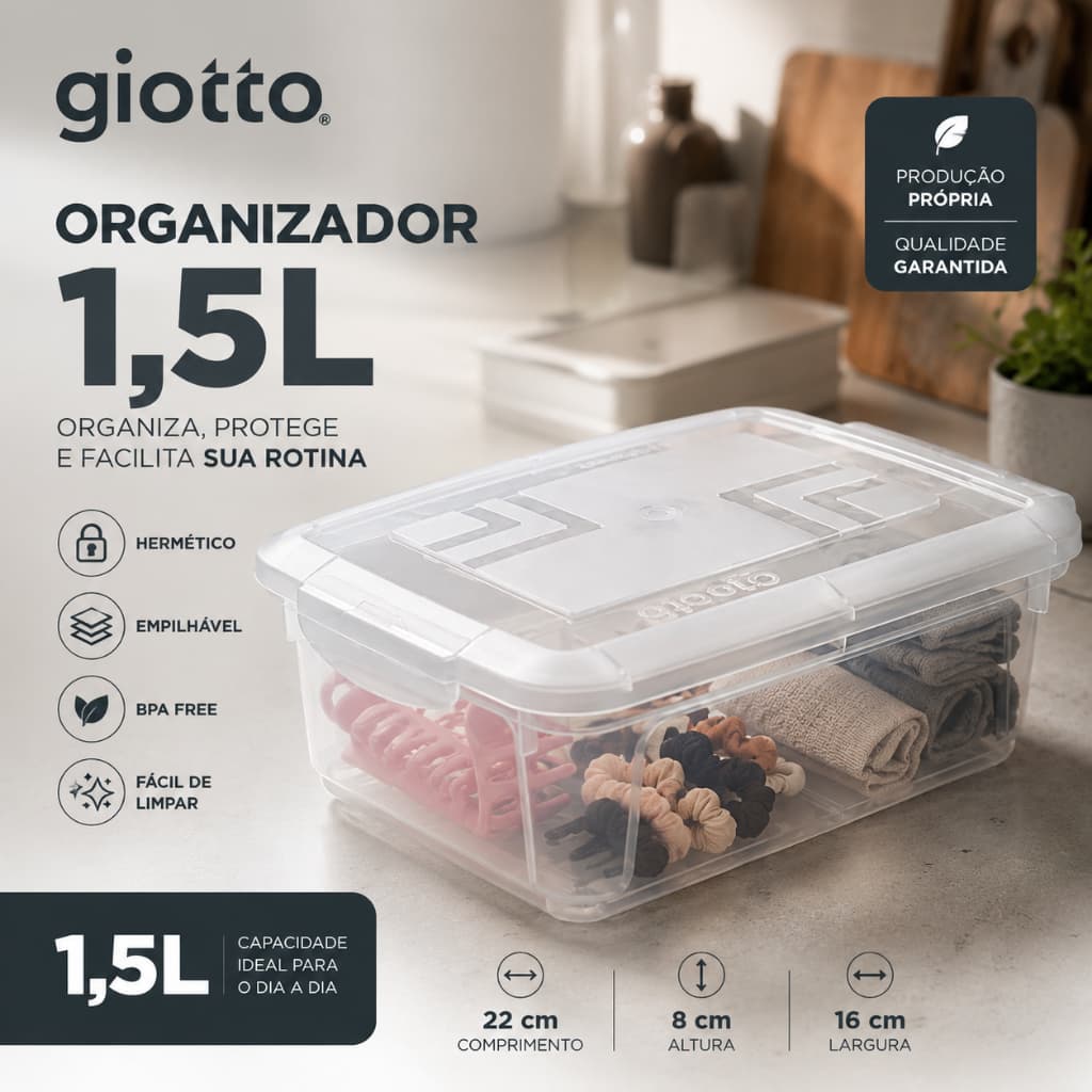 Caixa Organizadora 1,5L Transparente com Tampa Organizador Armazenamento Multiuso Empilhável Giotto