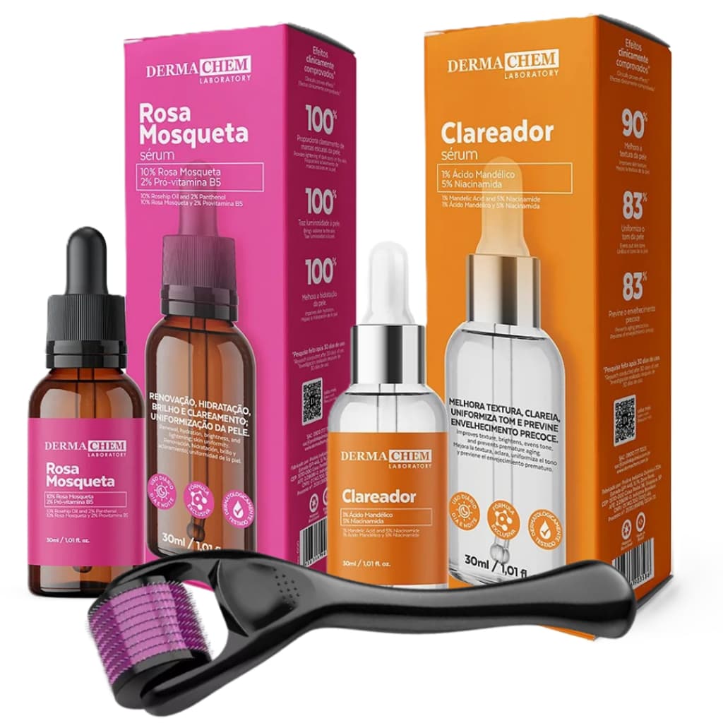 Kit Sérum Clareador Manchas Microagulhamento Dermaroller Facial Niacinamida Vitamina C Rosa Mosqueta Anti Acne e Melasma