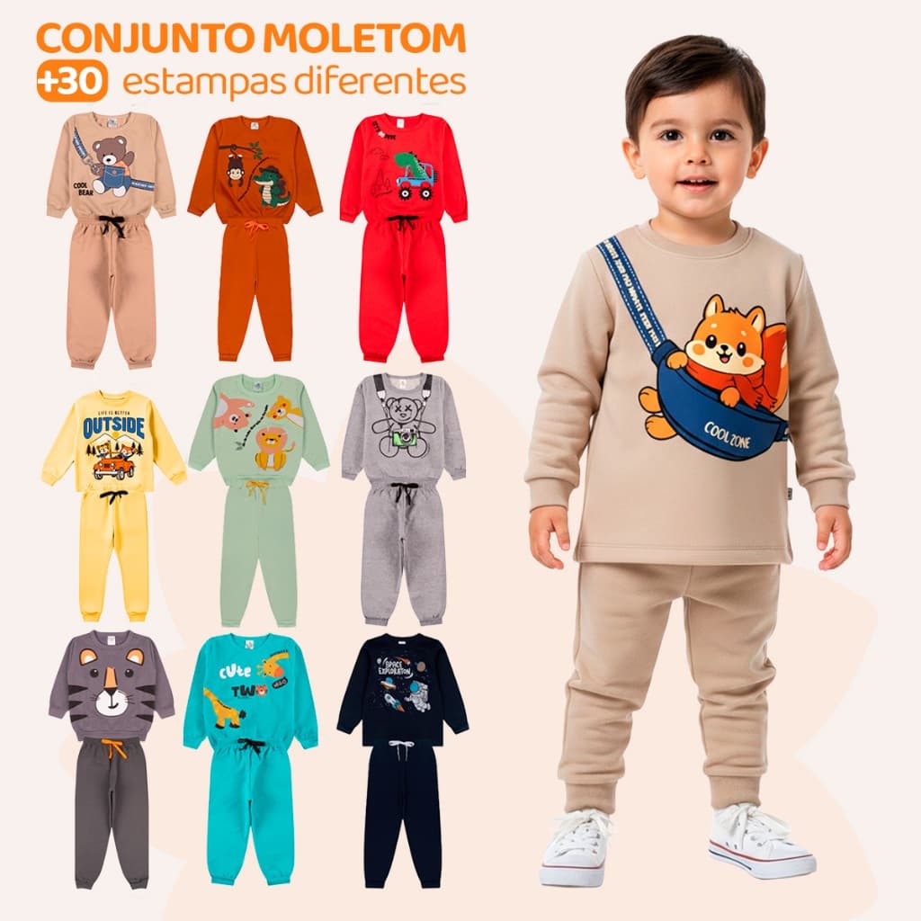 Kit Sortido 4 Peças de Roupas Infantil Bebê Menino (2 Casacos + 2 Calças) Kit 2 Conjuntos Moletom