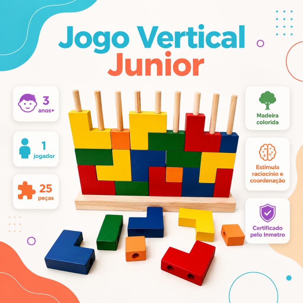 Blocos De Encaixe Vertical Junior Tetris em Madeira 25 Peças Tamanho Pequeno Brinquedo Educativo