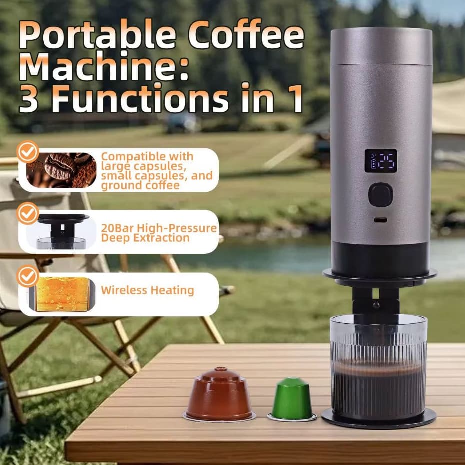 Cafeteira Portátil 3 em 1 Expresso Elétrica Recarregável com Extração de Alta Pressão, Suporta Cápsulas e Pó de Café