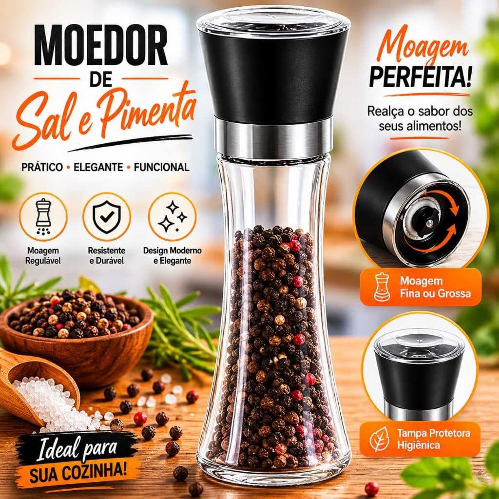 Moedor De Tempero 210 ML Com Regulador Sal Pimenta Porta Condimentos Especiarias De Vidro