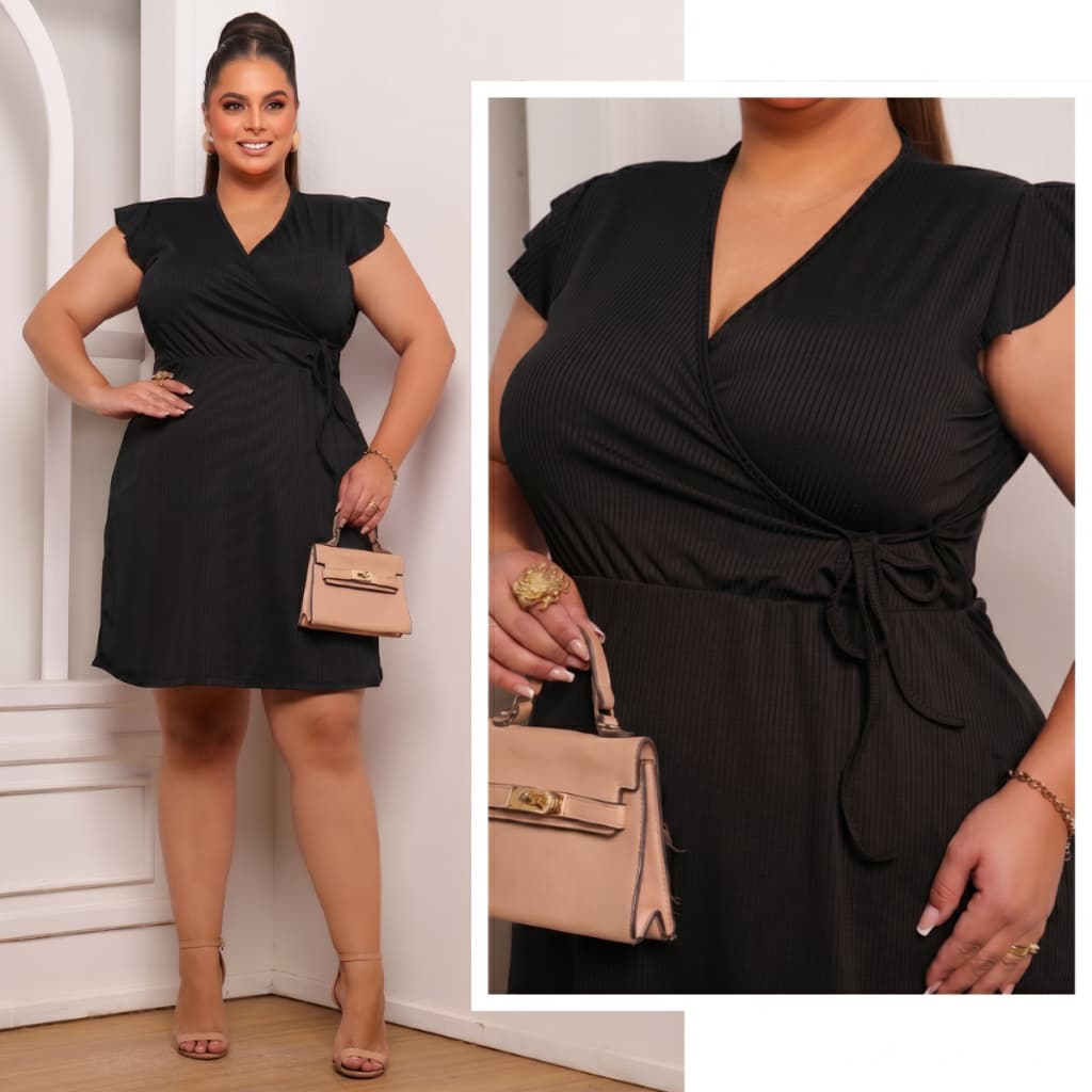 Vestido Feminino Plus Size Canelado Transpassado com Ajuste na Cintura Elegante Confortável Para o Dia a Dia