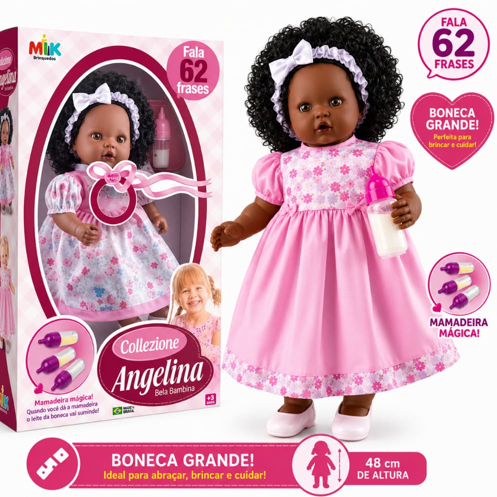 Boneca Negra Angelina Fala 62 Frases Com Mamadeira Mágica Menina - Milk -