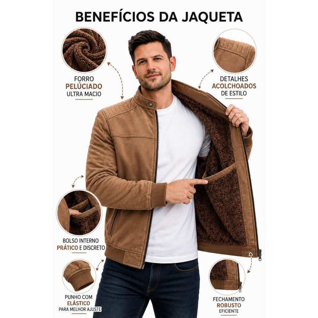 Jaqueta Masculina Peluciada Lã Batida Forrada Marrom Moda Masculina Inverno Outono