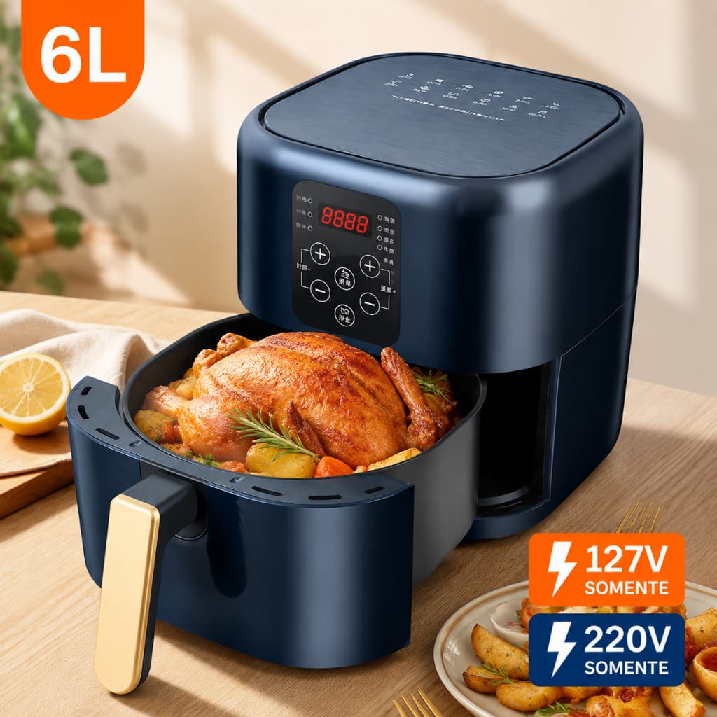 Air Fryer Fritadeira Elétrica 1400W 6 Litros Grande Antiaderente Inox 127V 110V 220V Cozinha Saudável Familiar com Timer