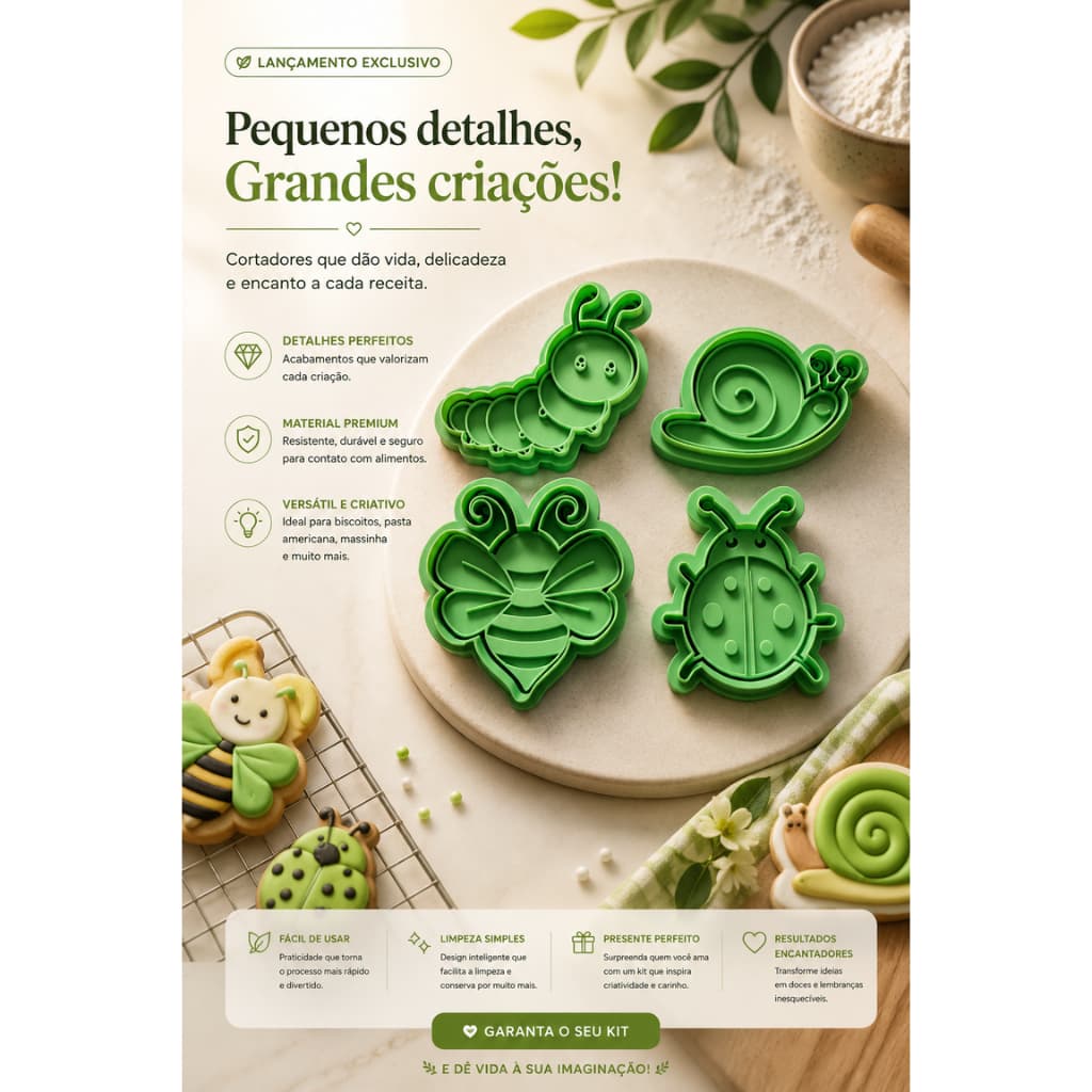 Kit Cortadores Insetos Fofos | Biscoitos | Cookies | Pasta Americana | Massinha de Modelar – 4 Unidades