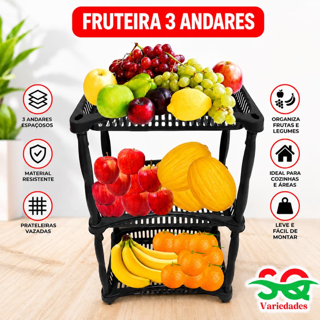 Fruteira de Chão Cesto Organizador 3 Andares Retangular Plástico Cozinha Banheiro Lavanderia Salão.