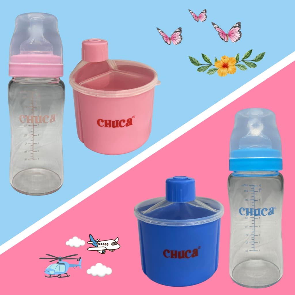 Kit Mamadeira de Vidro BPA Free para Bebê + Porta Leite em Pó 3 Divisórias Dosador Prático e Seguro